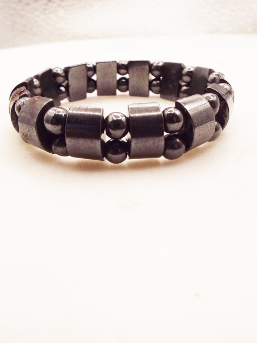 MAGNETIC HEMATITE BALL & TABLETS STONE STRETCHY BRACELET L